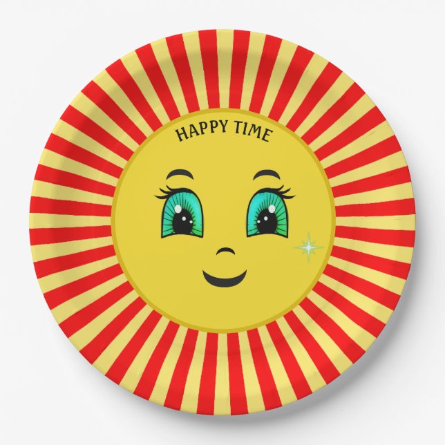 Cute Rising Sun Happy Face & Red Rays Paper Plate (Front)