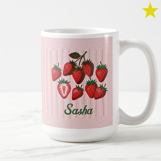 Cute Risograph Strawberries & Stripes Custom Name  Coffee Mug (Creator Uploaded)