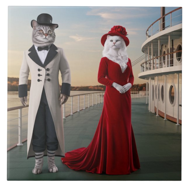 Cute Riverboat Cats Decorative Tile (Front)