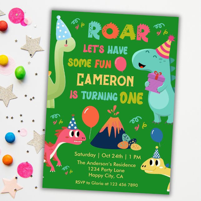 Cute Roar Dinosaur Have Fun 1st birthday party Invitation (Creator Uploaded)