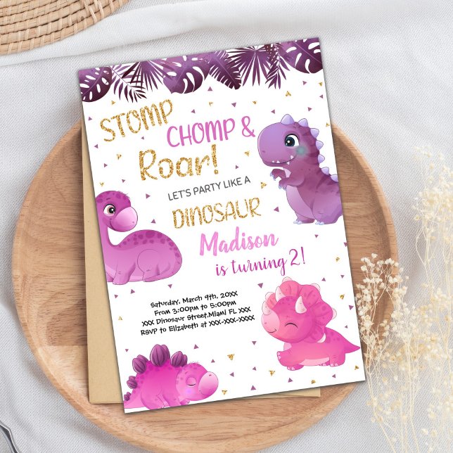 Cute Roarsome Party Card for Girls (Pink Purple Dinosaur Birthday Invitations)