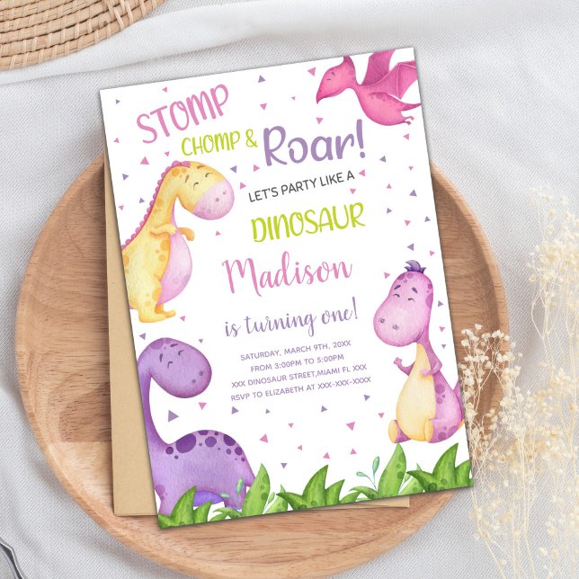 Cute Roarsome Party Card for Girls (Purple Dinosaur Birthday Invitations)