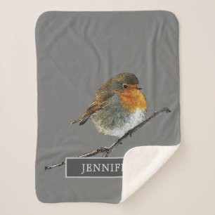 Cute Robin bird family monogrammed grey Sherpa Blanket