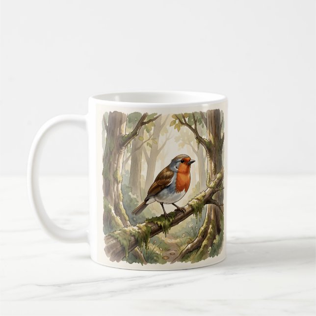 Cute robin bird in old forest coffee mug (Left)