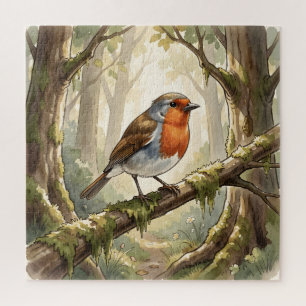 Cute robin bird in old forest jigsaw puzzle