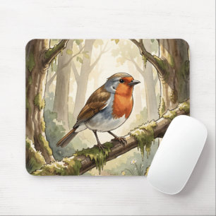 Cute robin bird in old forest mouse pad