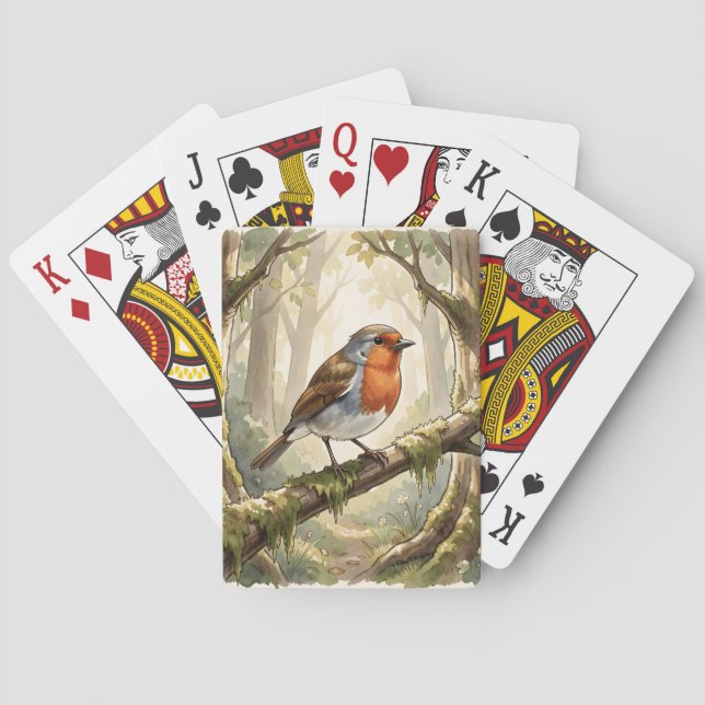 Cute robin bird in old forest playing cards (Back)