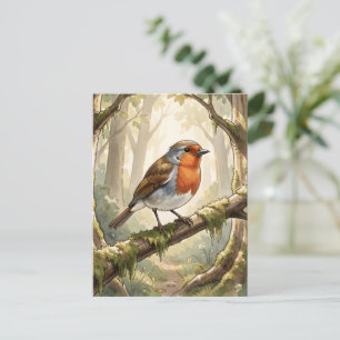 Cute robin bird in old forest postcard