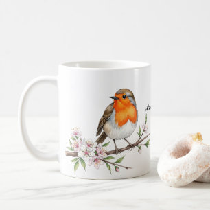 Cute Robin Bird on Floral Branch Personalized Name Coffee Mug