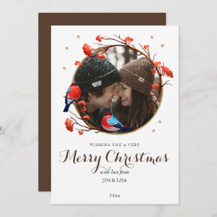 Cute Robin Birds Berries Wreath Christmas Photo Holiday Card