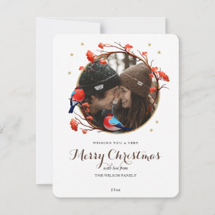 Cute Robin Birds Berries Wreath Christmas Photo Holiday Card