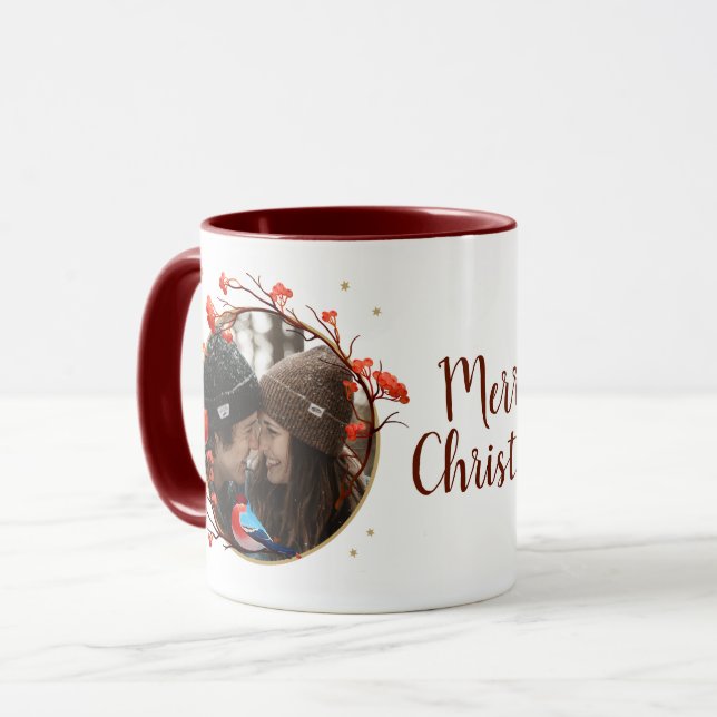 Cute Robin Birds Berries Wreath Christmas Photo Mug (Front Left)