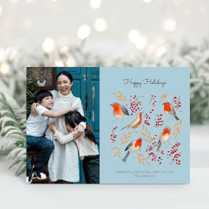 Cute robin birds blue & red christmas holiday card