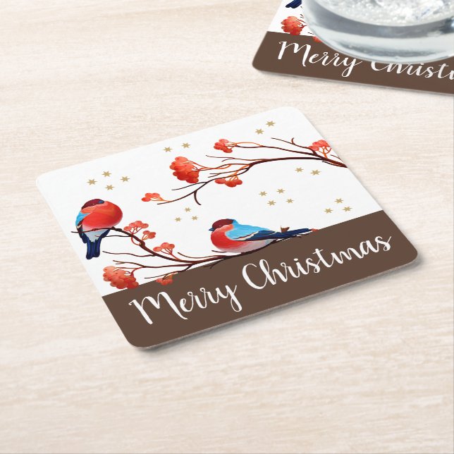 Cute Robin Birds On Red Berry Branch Christmas Square Paper Coaster (Angled)