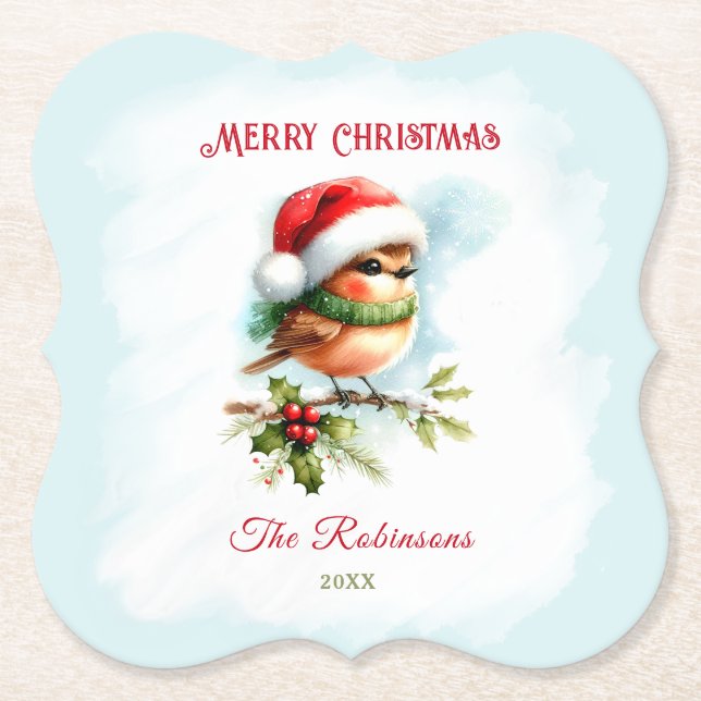 Cute Robin In Santa Hat Classic Christmas Paper Coaster (Front)