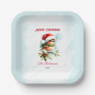 Cute Robin In Santa Hat Classic Christmas Square Paper Plate