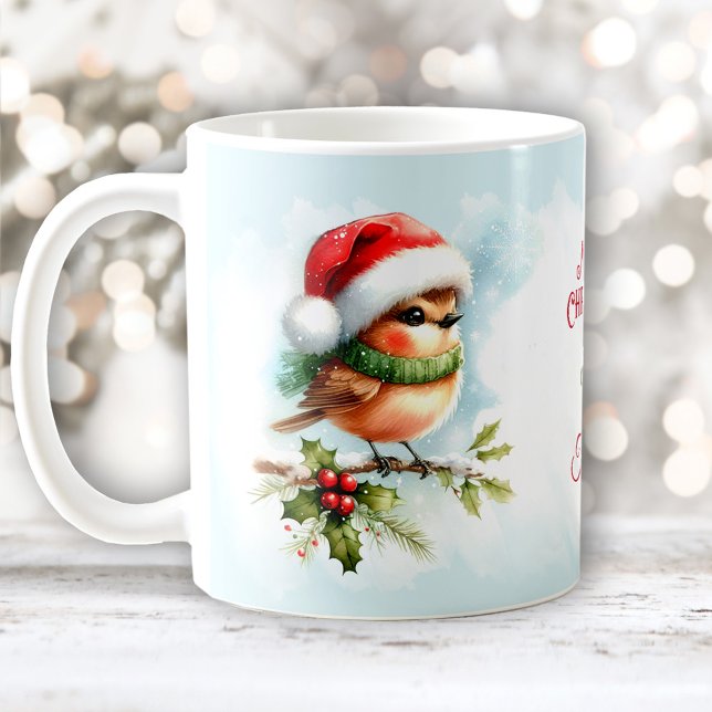 Cute Robin In Santa Hat Custom Name Christmas Coffee Mug (Cute Robin In Santa Hat Custom Name Christmas Coffee Mug)