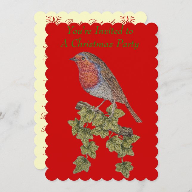 cute robin perched on ivy at christmas party invitation (Front/Back)