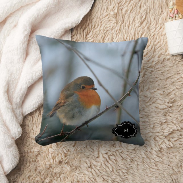 Cute Robin red breast bird monogrammed photo Cushion (Blanket)