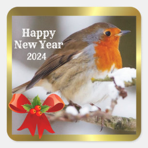 Cute Robin with red bow and holly New Year  Square Sticker