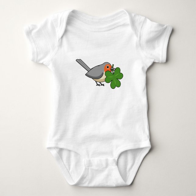 Cute Robin with Shamrock Clover Cartoon Baby Bodysuit (Front)