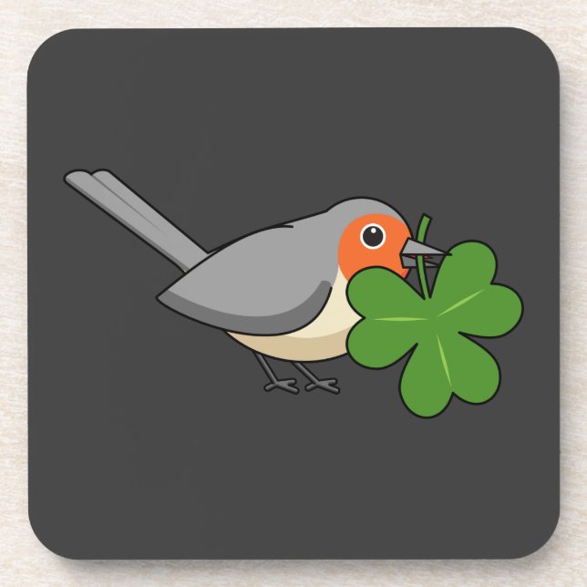 Cute Robin with Shamrock Clover Cartoon Coaster (Front)