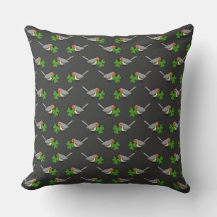 Cute Robin with Shamrock Clover Cartoon Cushion