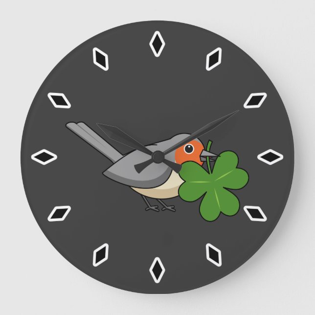 Cute Robin with Shamrock Clover Cartoon Large Clock (Front)