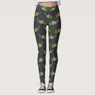Cute Robin with Shamrock Clover Cartoon Leggings