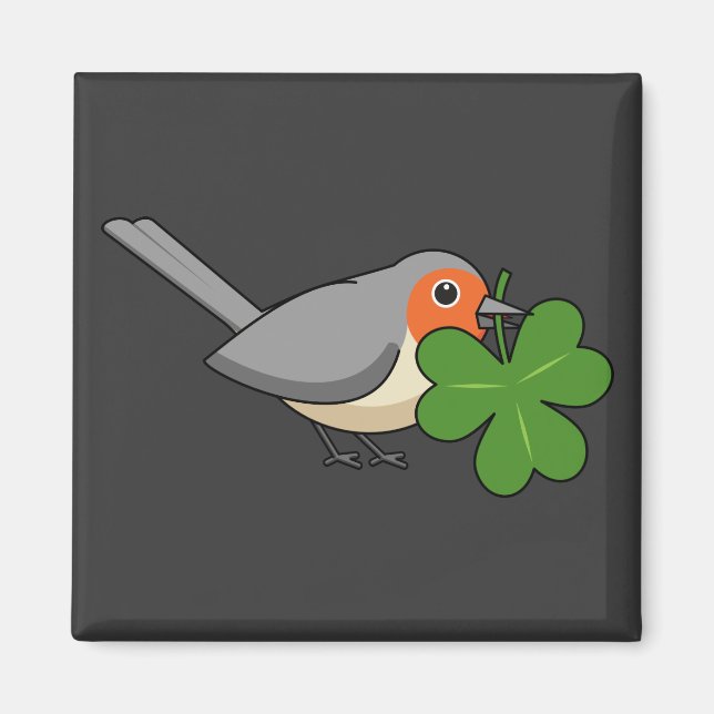 Cute Robin with Shamrock Clover Cartoon Magnet (Front)