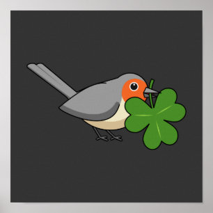 Cute Robin with Shamrock Clover Cartoon Poster