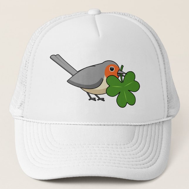 Cute Robin with Shamrock Clover Cartoon Trucker Hat (Front)