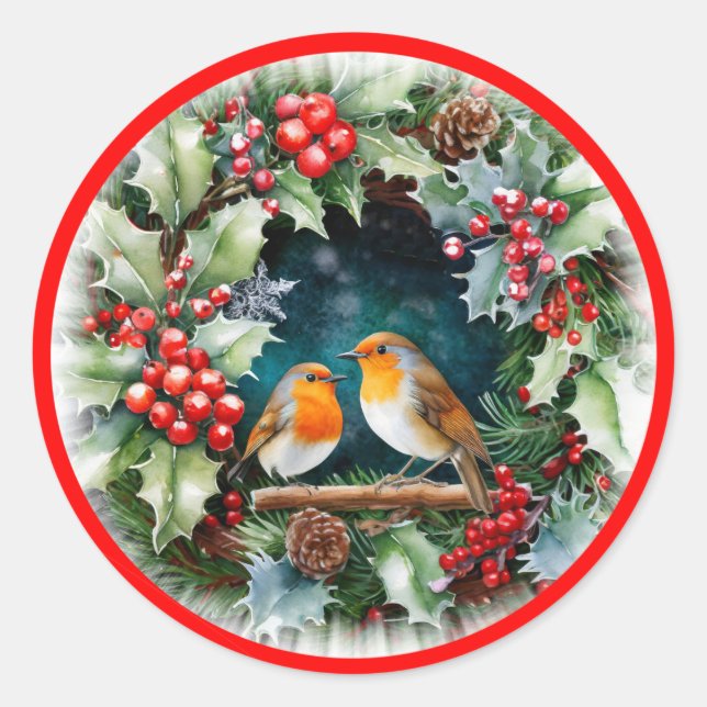 Cute robins and holly and foliage classic round sticker (Front)