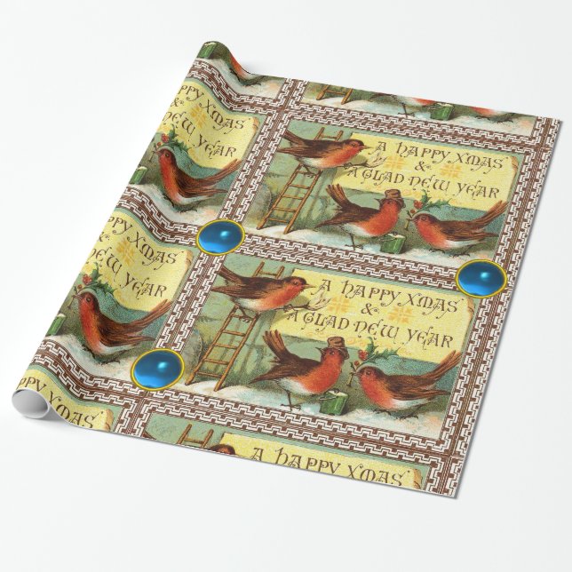 CUTE ROBINS ,CHRISTMAS GREETINGS WITH BLUE GEMS WRAPPING PAPER (Unrolled)