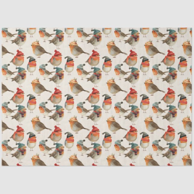 Cute Robins in winter hats and scarves Tissue Paper (Front)