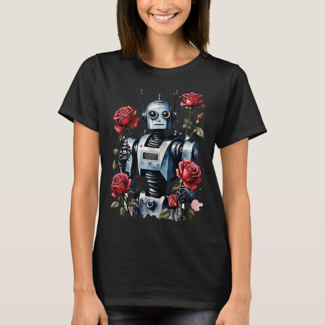 Cute Robot And Red Roses T-Shirt (Front)