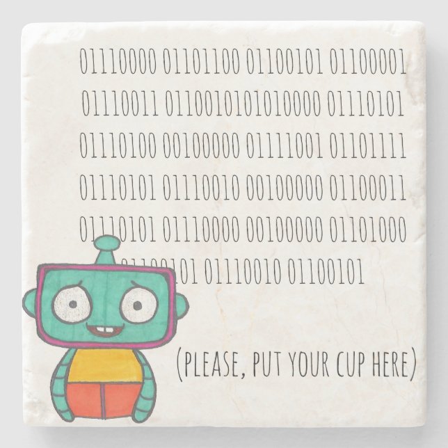 Cute Robot Binary Stone Coaster (Front)