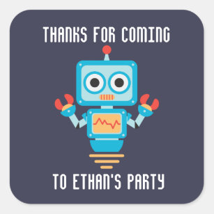 cute robot birthday party thank you square sticker