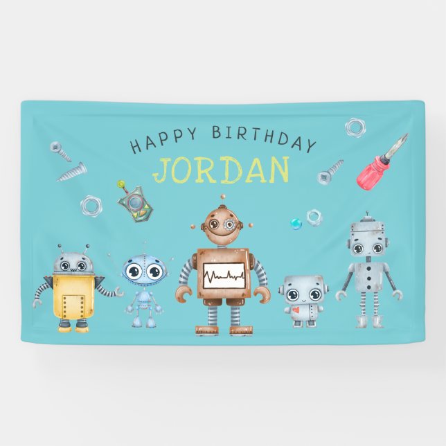 Cute Robot Birthday Party Welcome Banner (Horizontal)