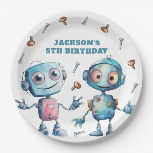 Cute Robot Blue White Kids Paper Plate