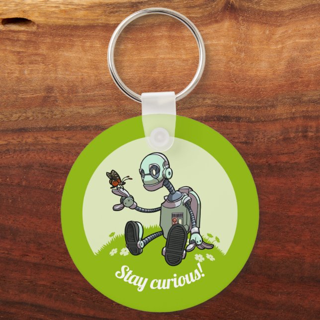 Cute Robot & Butterfly Stay Curious! Cartoon Key Ring (Back)