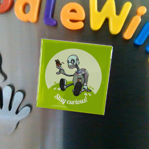 Cute Robot & Butterfly Stay Curious! Cartoon Magnet
