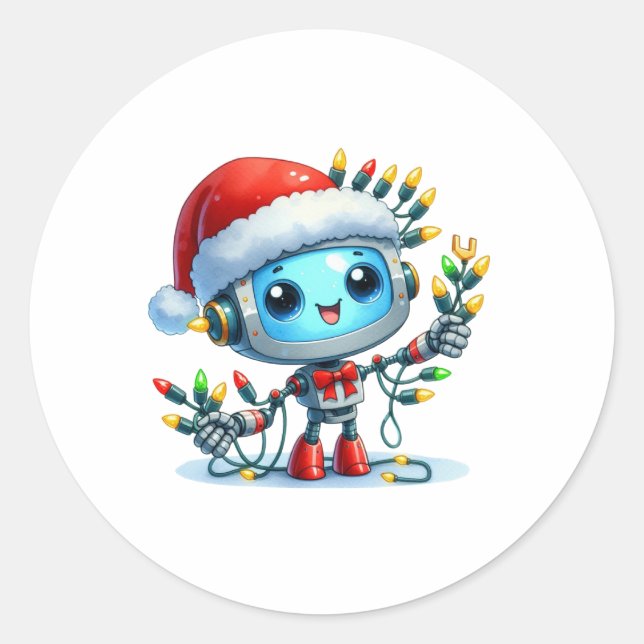Cute Robot Christmas Birthday Round Sticker (Front)