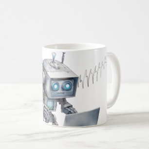 Cute robot coding using a laptop coffee mug