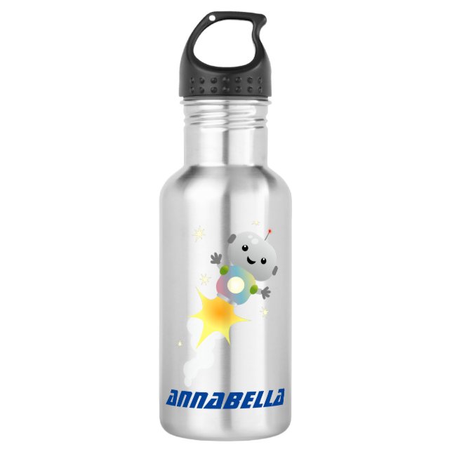 Cute robot flying in space cartoon illustration 532 ml water bottle (Front)