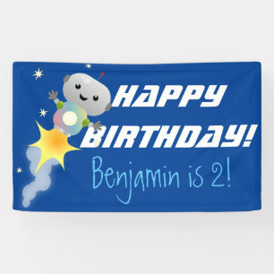 Cute robot flying in space cartoon illustration banner