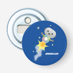 Cute robot flying in space cartoon illustration bottle opener