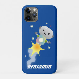 Cute robot flying in space cartoon illustration iPhone 11 pro case