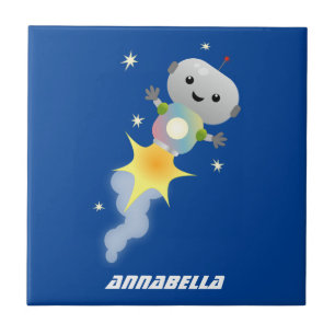 Cute robot flying in space cartoon illustration ceramic tile