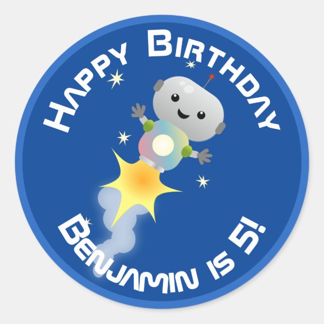Cute robot flying in space cartoon illustration classic round sticker (Front)
